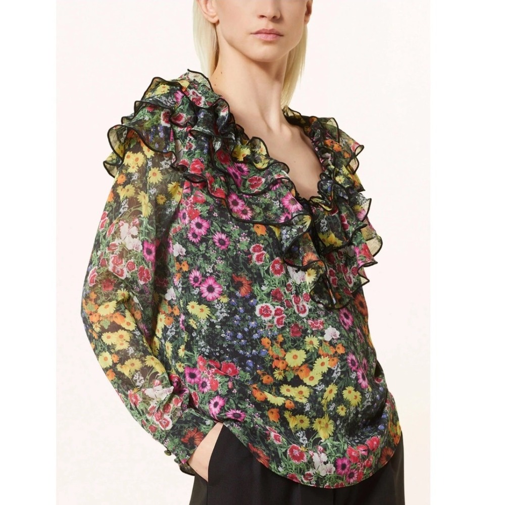 Ted Baker Amell Floral Ruffle Blouse Black Garden Print Cottagecore Sz 4 US 10